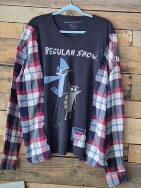 Upcycled Regular Show Graphic Flannel Sleeve Tee .